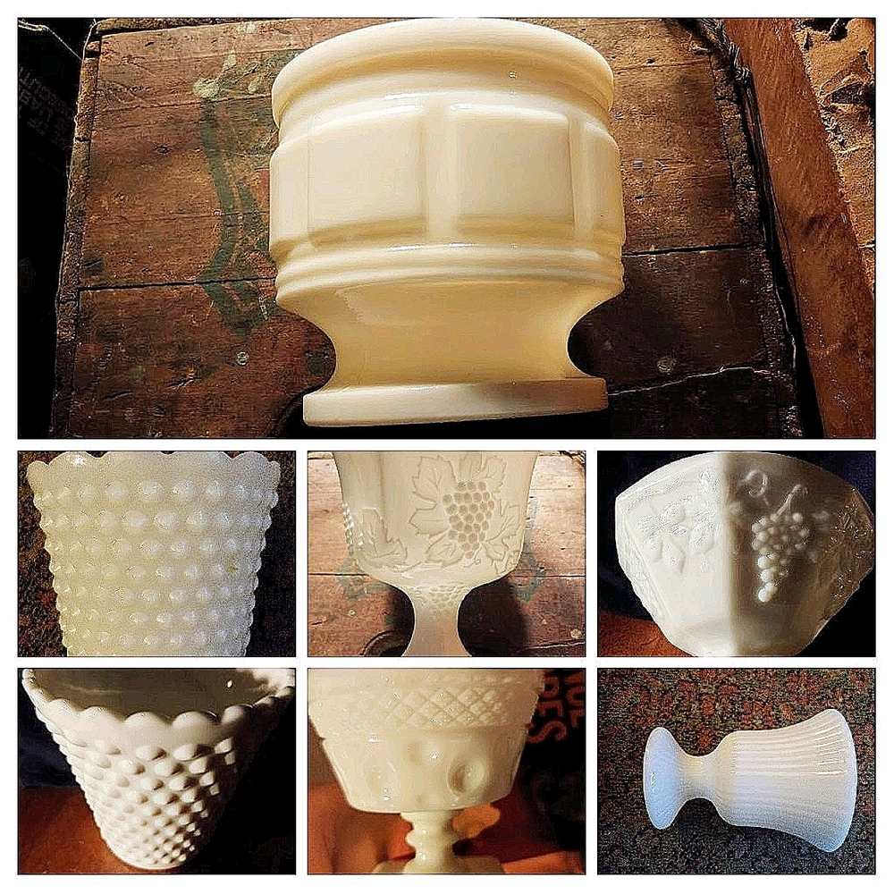 Various Pieces of Vintage Milk Glass Vases and Pla
